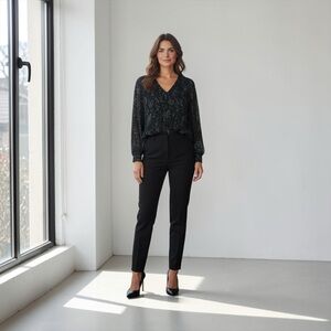 NEW, Signature Reitmans, Black Pleated Flowy Blouse, Small, Black & Blue